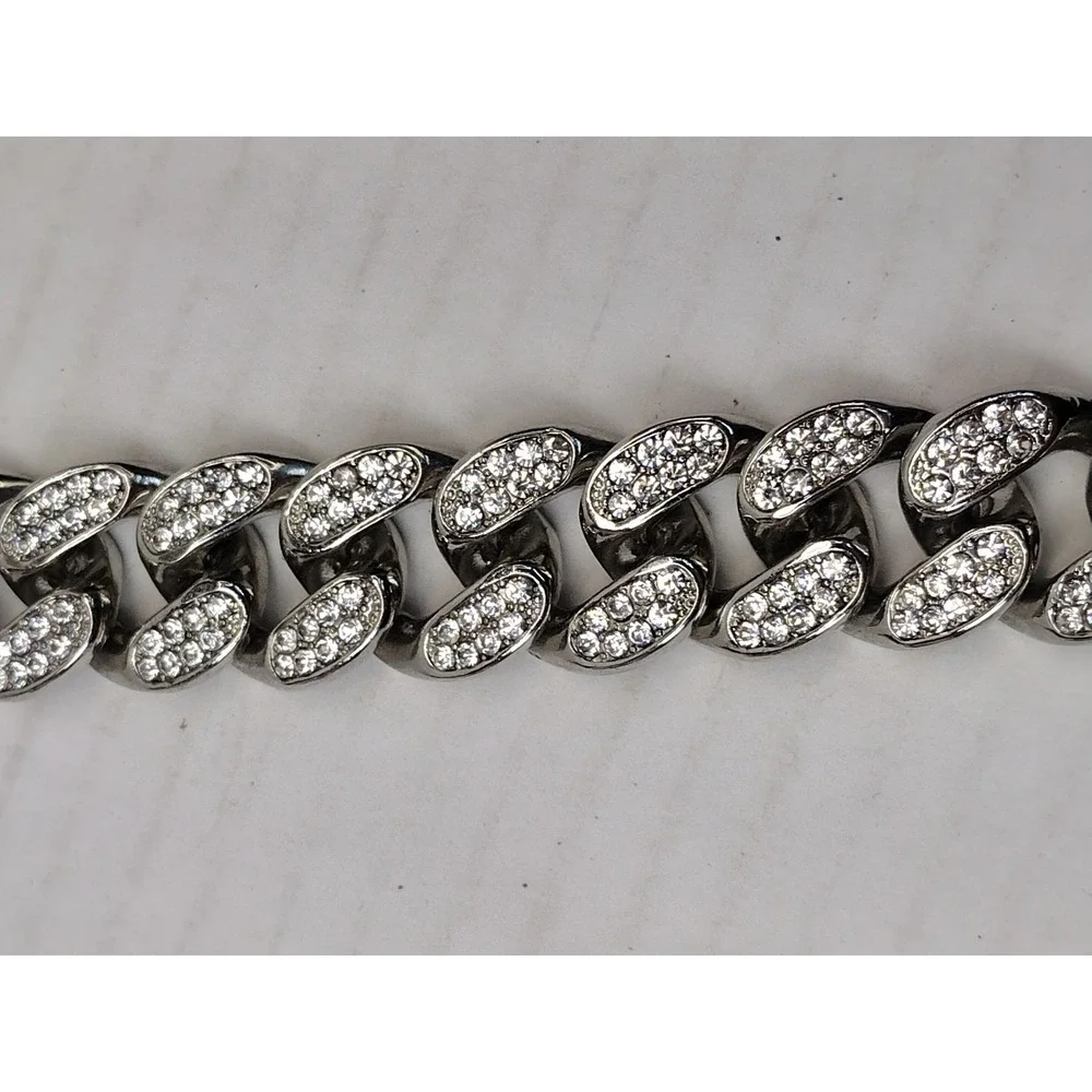 Miami Cuban Link Bracelet Silver Tone Solid Heavy Full Of Rhinestones Hip Hop